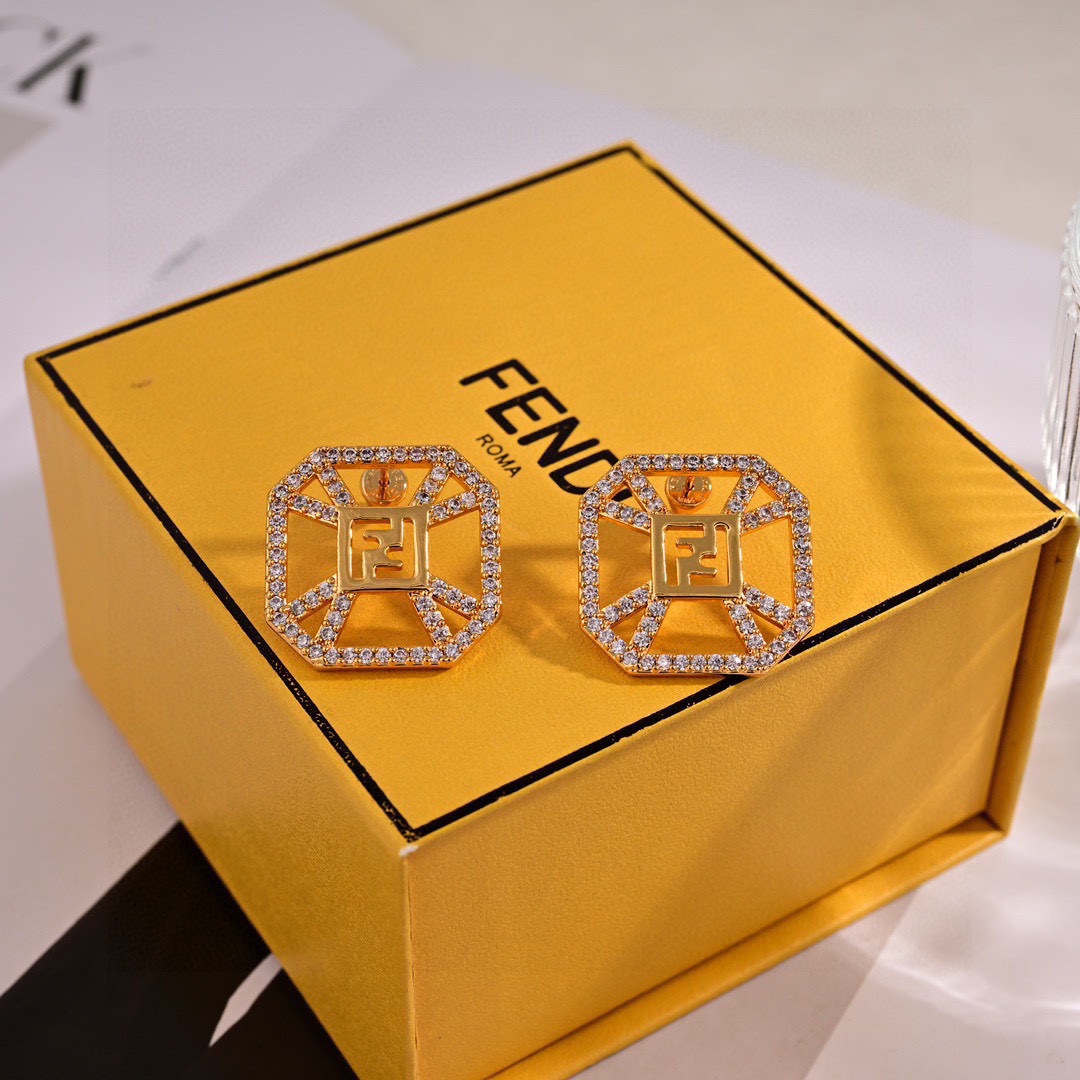 Fendi FF Logo Octagonal Stud Earrings earrings gold-tone metal with clear pave crystals 2cm stud diameter
