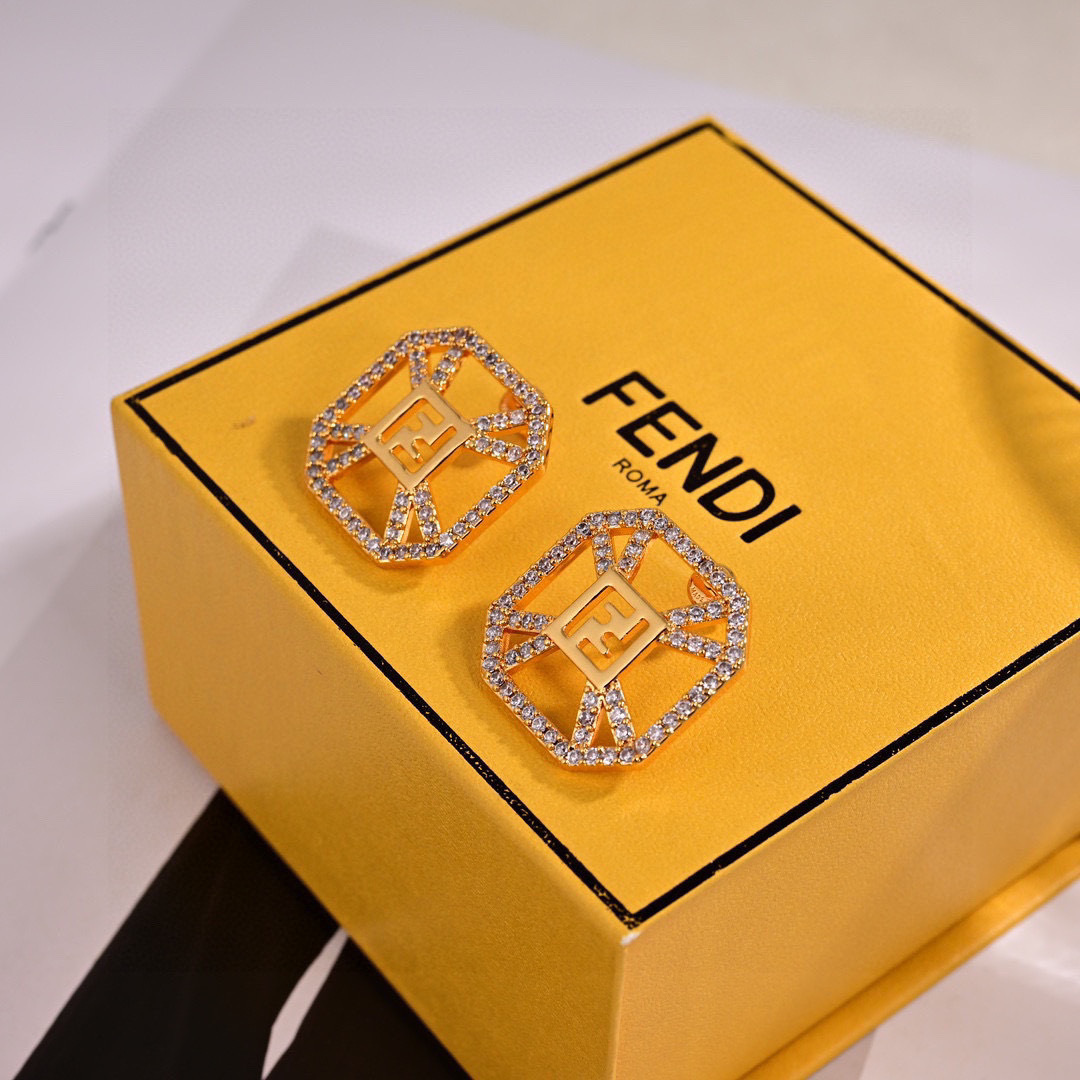 Fendi FF Logo Octagonal Stud Earrings earrings gold-tone metal with clear pave crystals 2cm stud diameter