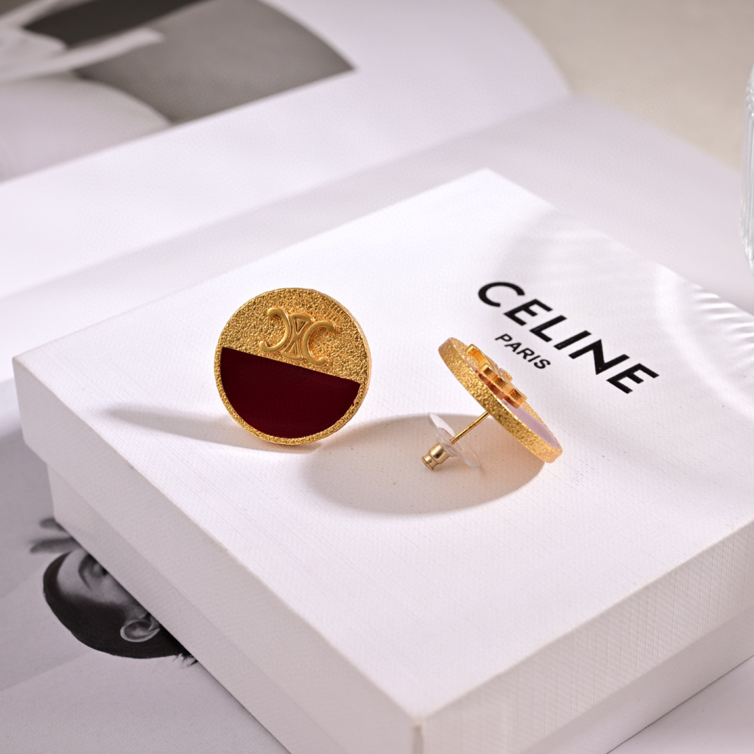Celine Triomphe Precious Enamel Stud Earrings earrings matte gold-tone metal with burgundy enamel 20mm diameter