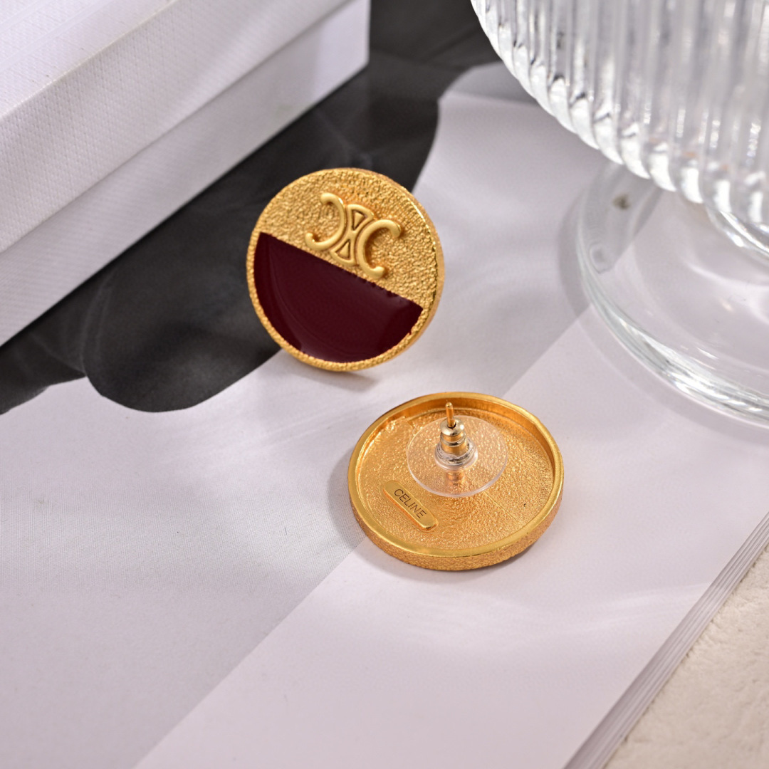 Celine Triomphe Precious Enamel Stud Earrings earrings matte gold-tone metal with burgundy enamel 20mm diameter