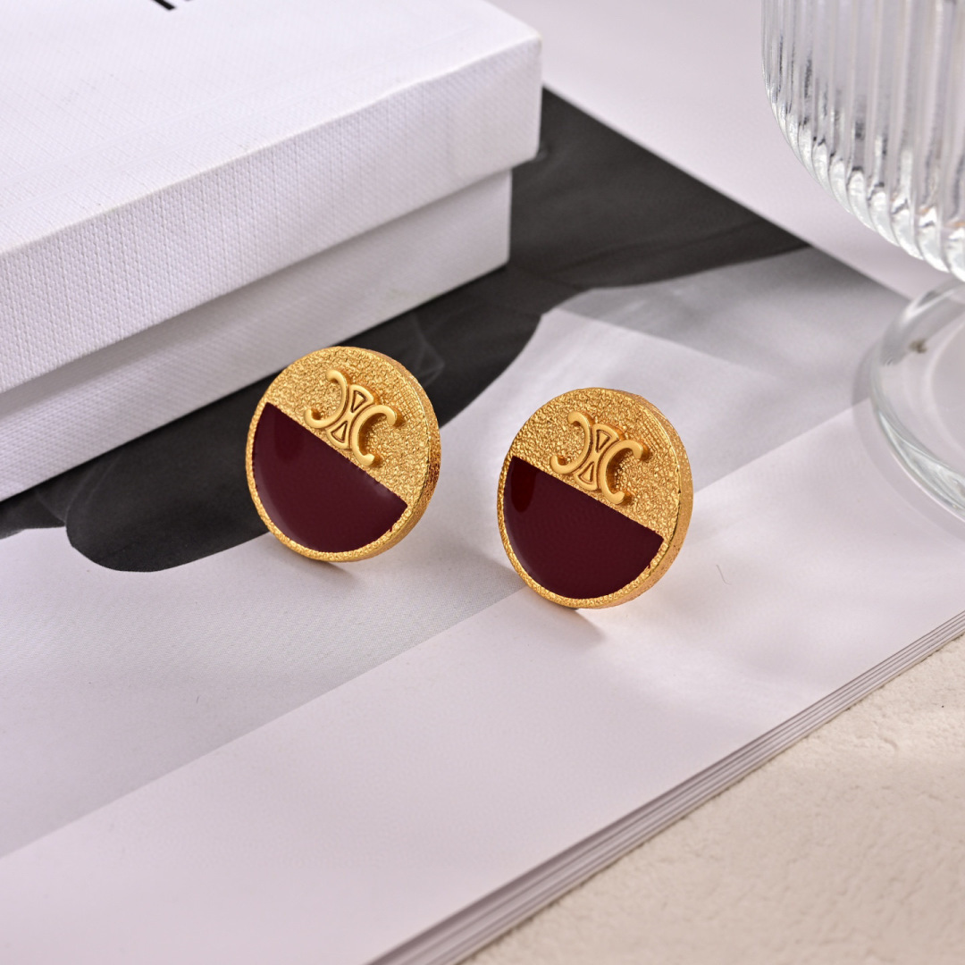 Celine Triomphe Precious Enamel Stud Earrings earrings matte gold-tone metal with burgundy enamel 20mm diameter