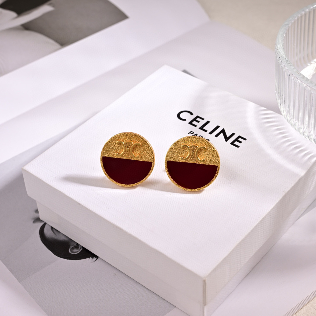 Celine Triomphe Precious Enamel Stud Earrings earrings matte gold-tone metal with burgundy enamel 20mm diameter