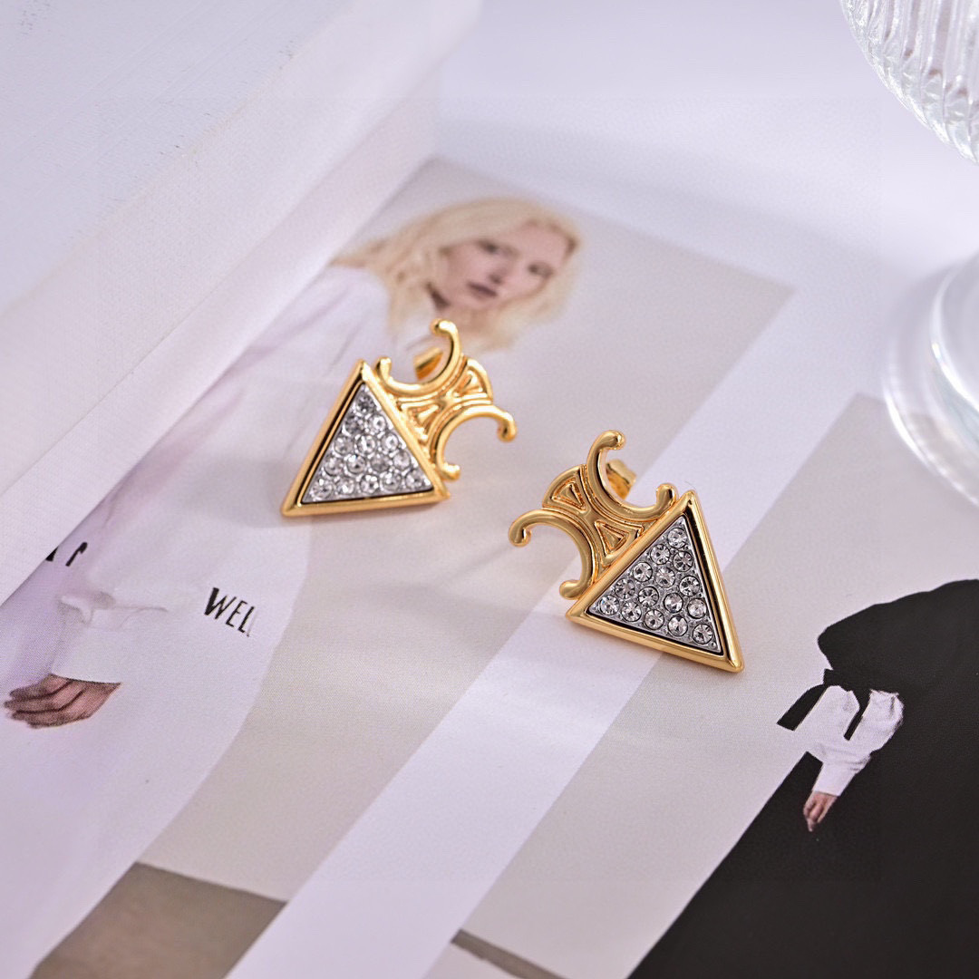 Celine Triomphe Triangular Crystal Studs earrings gold-tone metal with clear faceted crystals 1 5cm stud length