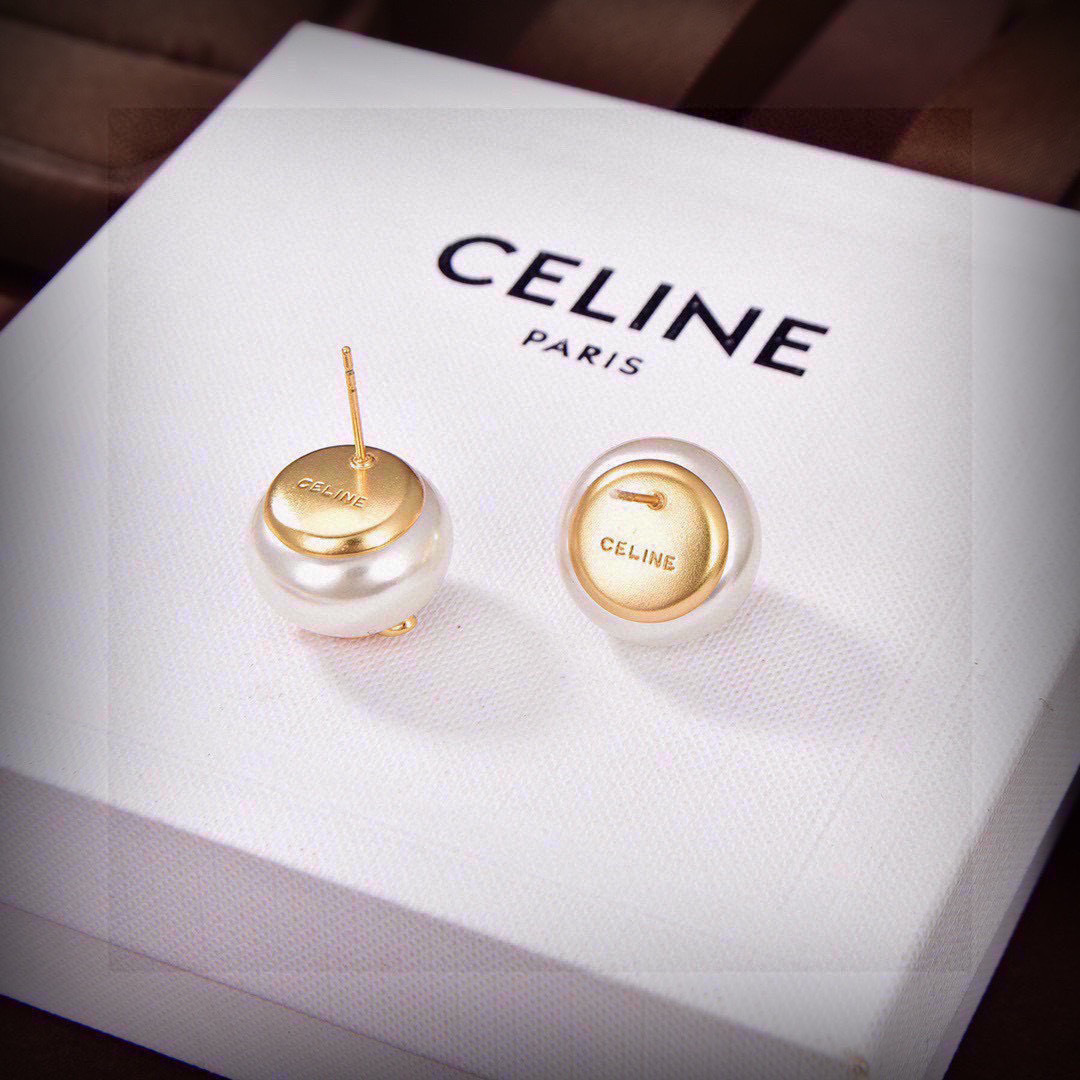 Celine Triomphe Pearl Stud Earrings earrings gold-tone metal cream white pearl 12mm diameter