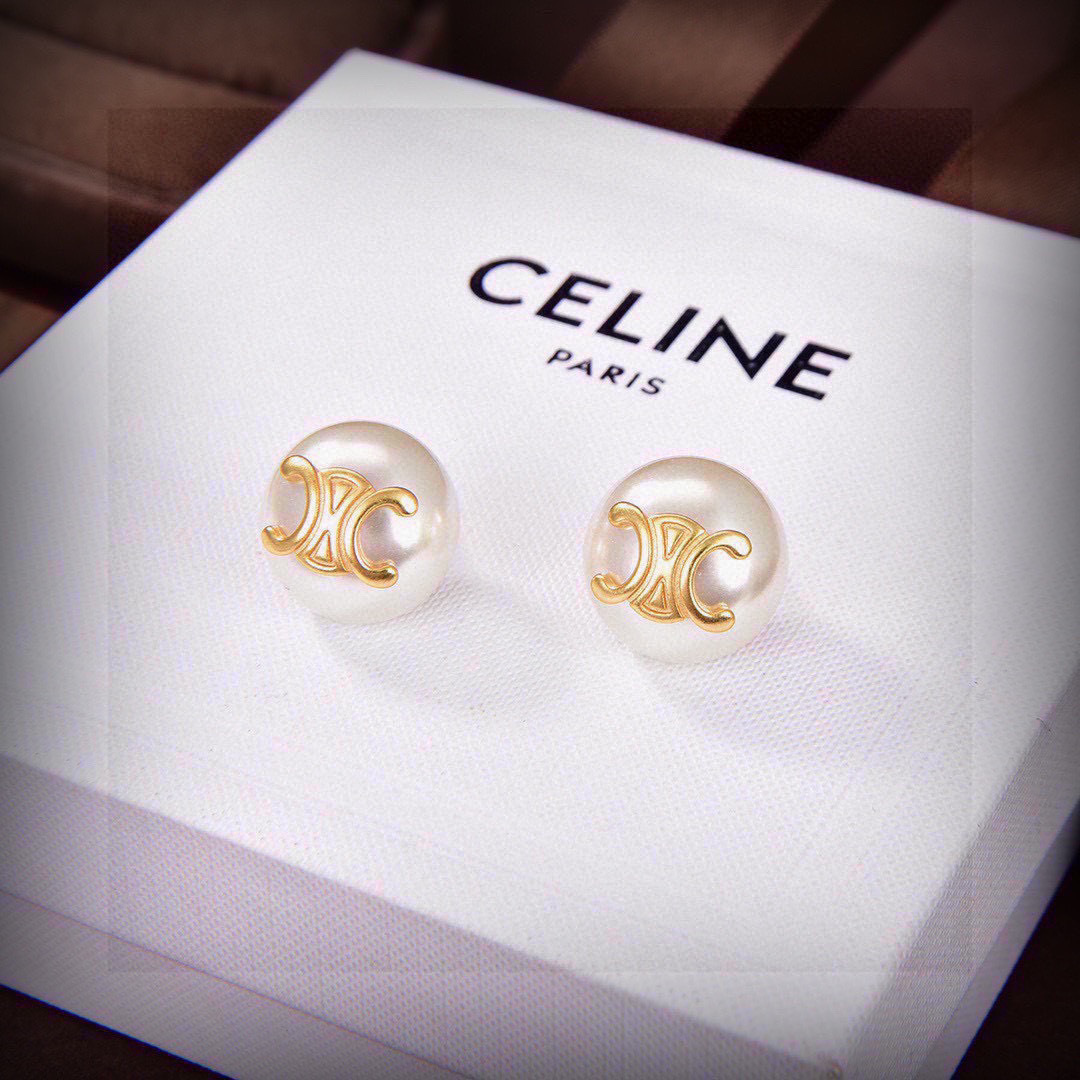 Celine Triomphe Pearl Stud Earrings earrings gold-tone metal cream white pearl 12mm diameter