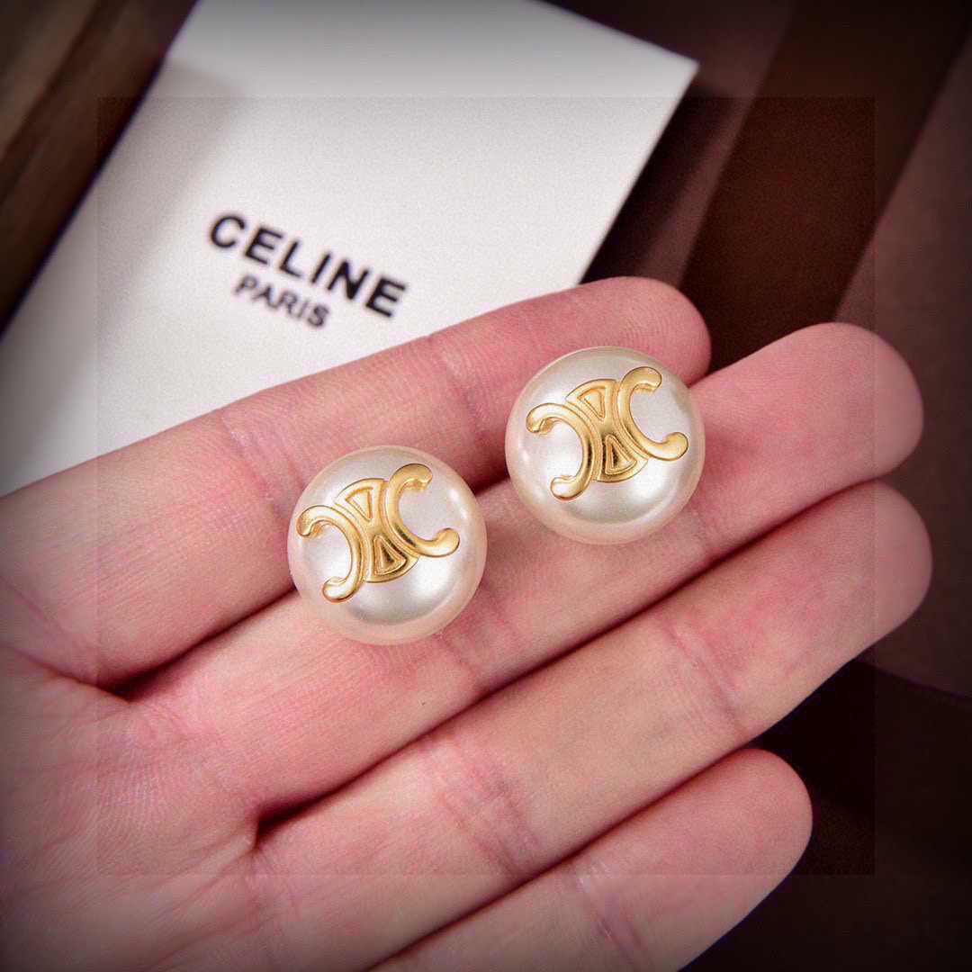 Celine Triomphe Pearl Stud Earrings earrings gold-tone metal cream white pearl 12mm diameter