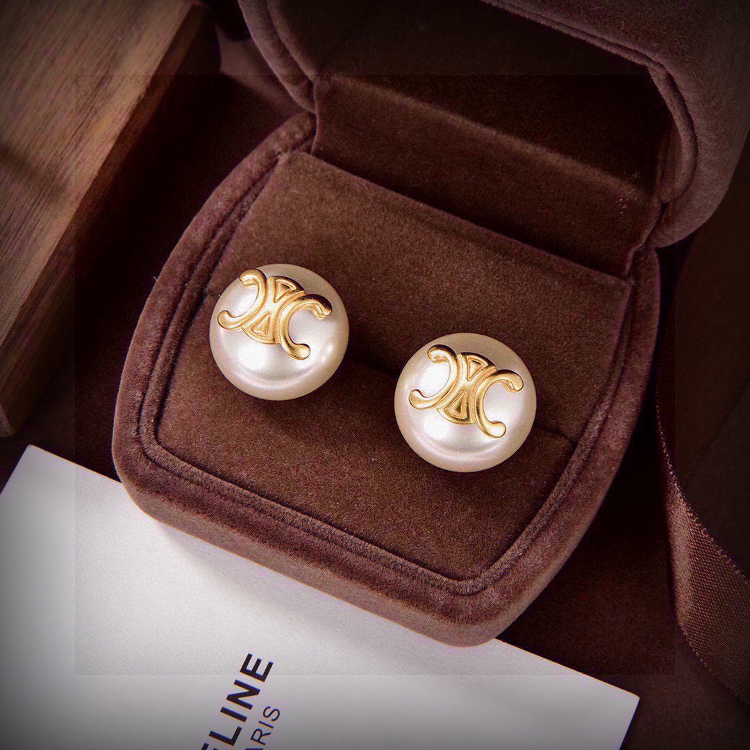 Celine Triomphe Pearl Stud Earrings earrings gold-tone metal cream white pearl 12mm diameter