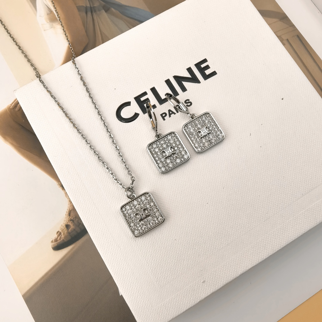 Celine PRECIOUS Triomphe Square Crystal earrings Gold-tone metal with clear crystal pave Silver-tone metal with clear crystal pave 2 5cm drop length
