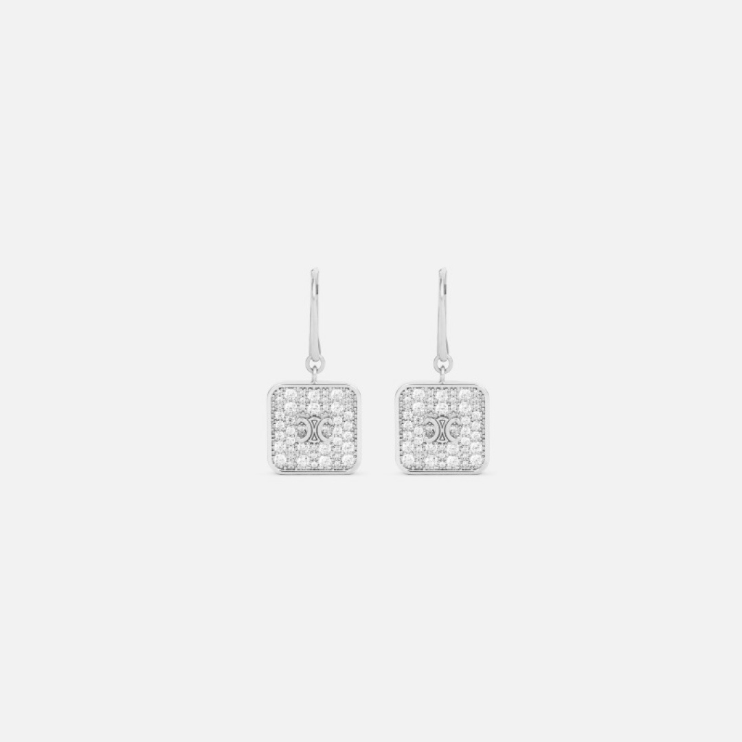 Celine PRECIOUS Triomphe Square Crystal earrings Gold-tone metal with clear crystal pave Silver-tone metal with clear crystal pave 2 5cm drop length