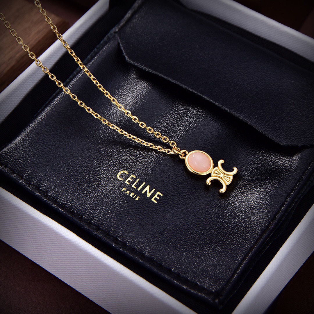 Celine Triomphe Indie necklace gold brass with pink quartz 46cm adjustable to 44cm and 42cm