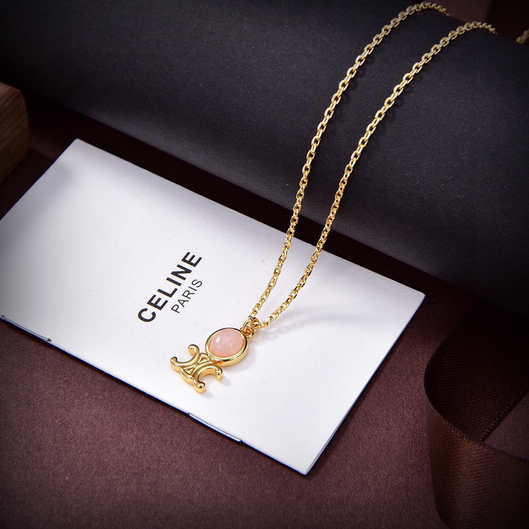 Celine Triomphe Indie necklace gold brass with pink quartz 46cm adjustable to 44cm and 42cm