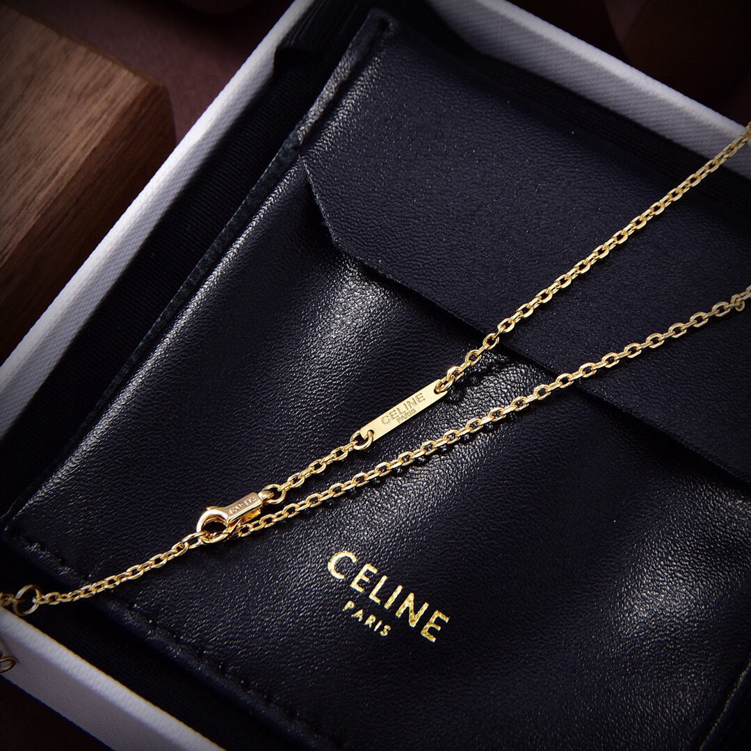 Celine Triomphe Indie necklace gold brass with pink quartz 46cm adjustable to 44cm and 42cm