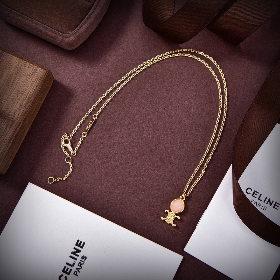 Celine Triomphe Indie necklace gold brass with pink quartz 46cm adjustable to 44cm and 42cm