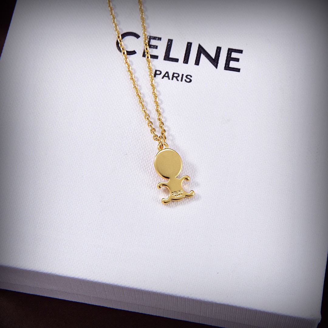 Celine Triomphe Indie necklace gold brass with pink quartz 46cm adjustable to 44cm and 42cm