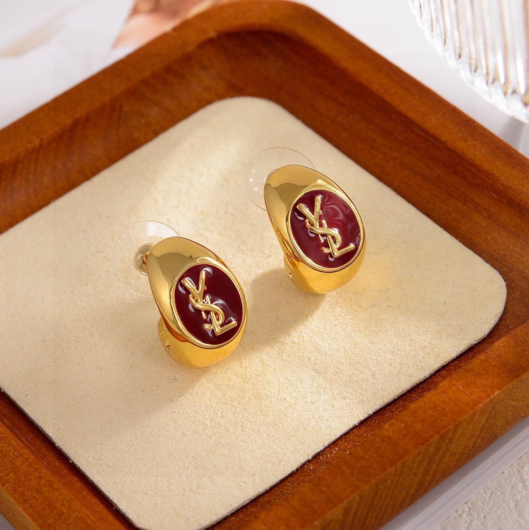 Saint Laurent Cassandre YSL Monogram Enamel Hoop Earrings earrings gold-tone metal with burgundy enamel 1 5cm diameter