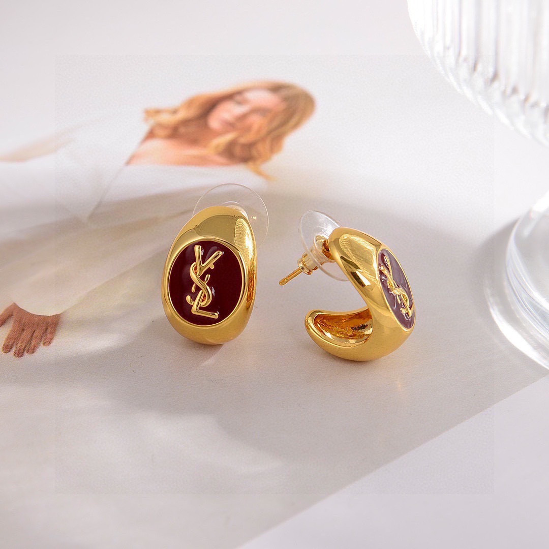 Saint Laurent Cassandre YSL Monogram Enamel Hoop Earrings earrings gold-tone metal with burgundy enamel 1 5cm diameter