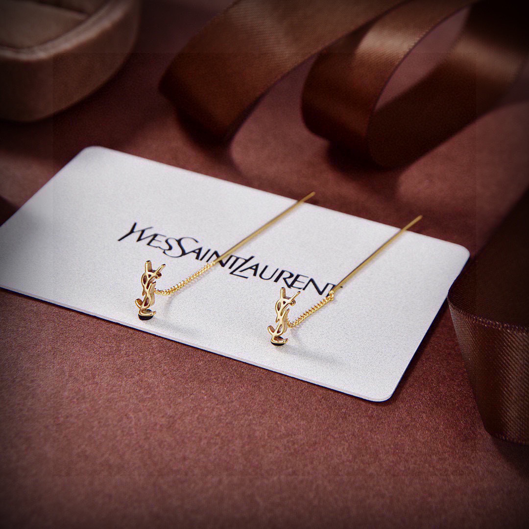 Saint Laurent Cassandre YSL Monogram Long Threader Earrings earrings gold-tone metal no accent stones 6 5cm drop length