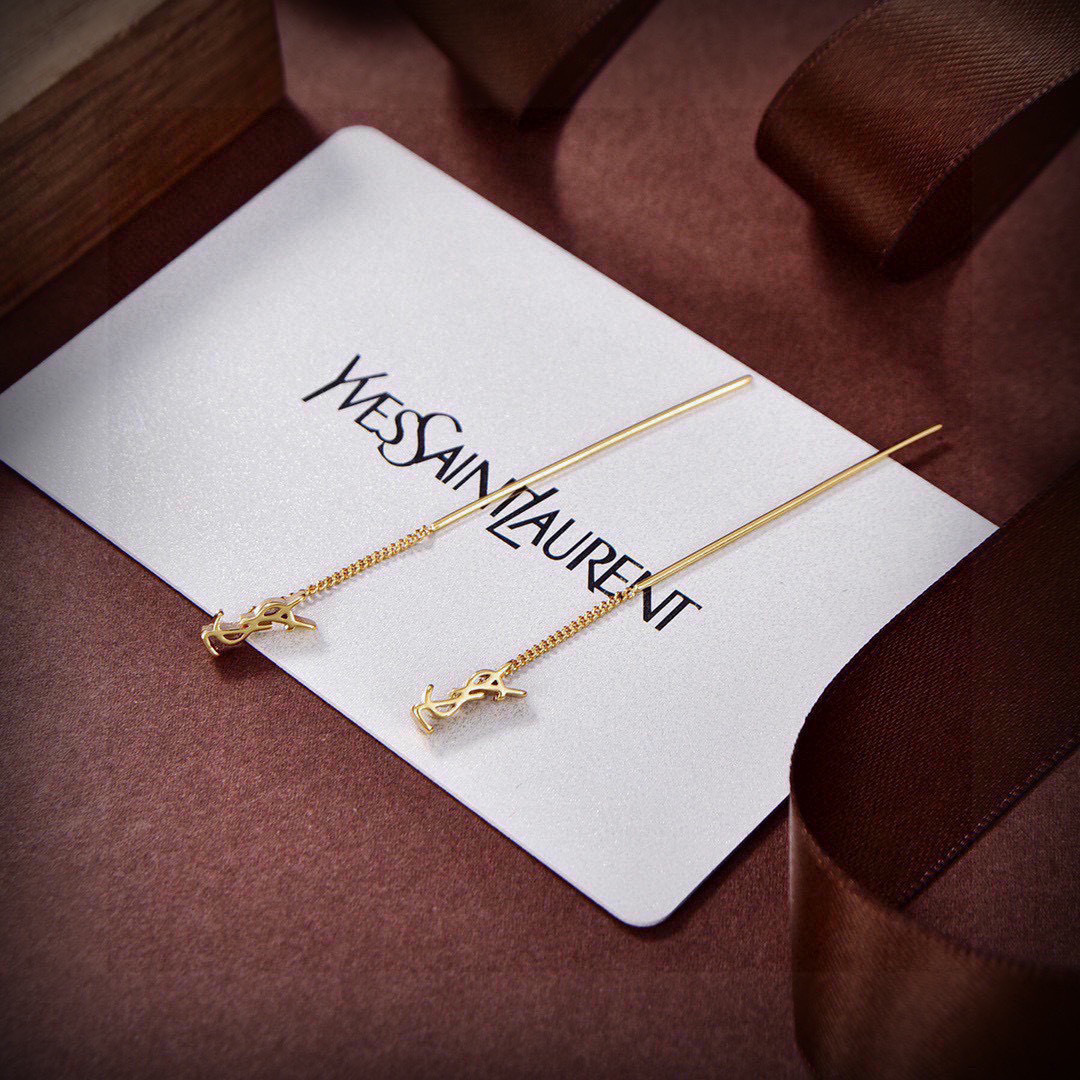 Saint Laurent Cassandre YSL Monogram Long Threader Earrings earrings gold-tone metal no accent stones 6 5cm drop length