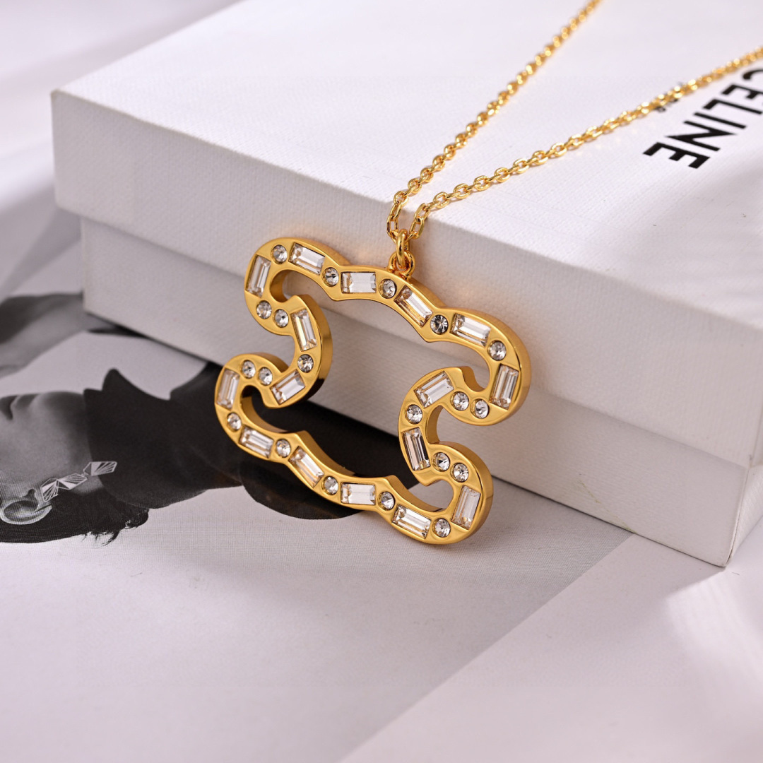 Celine Triomphe Precious Crystal Pendant Necklace AW2024 necklace gold-tone metal with clear crystal accents 45cm