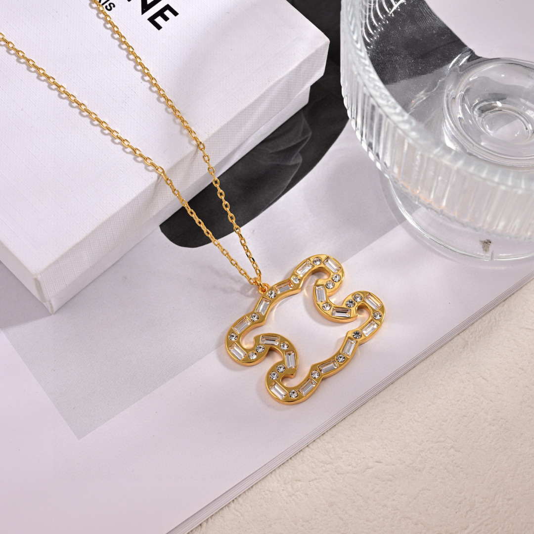 Celine Triomphe Precious Crystal Pendant Necklace AW2024 necklace gold-tone metal with clear crystal accents 45cm