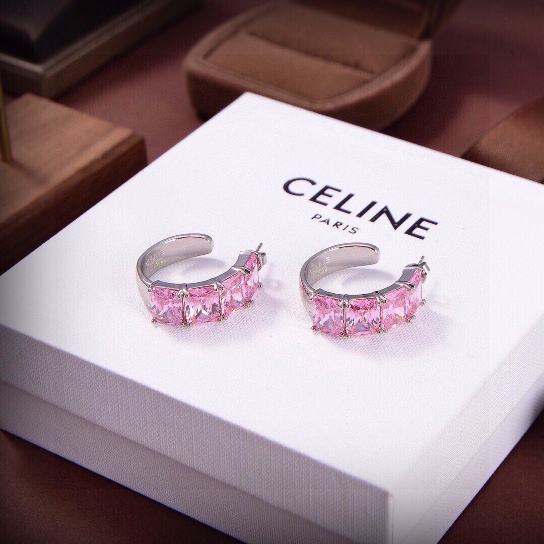 Celine Crystal Hoop Earrings earrings silver-toned metal with pink rectangular-cut crystals 20mm outer diameter