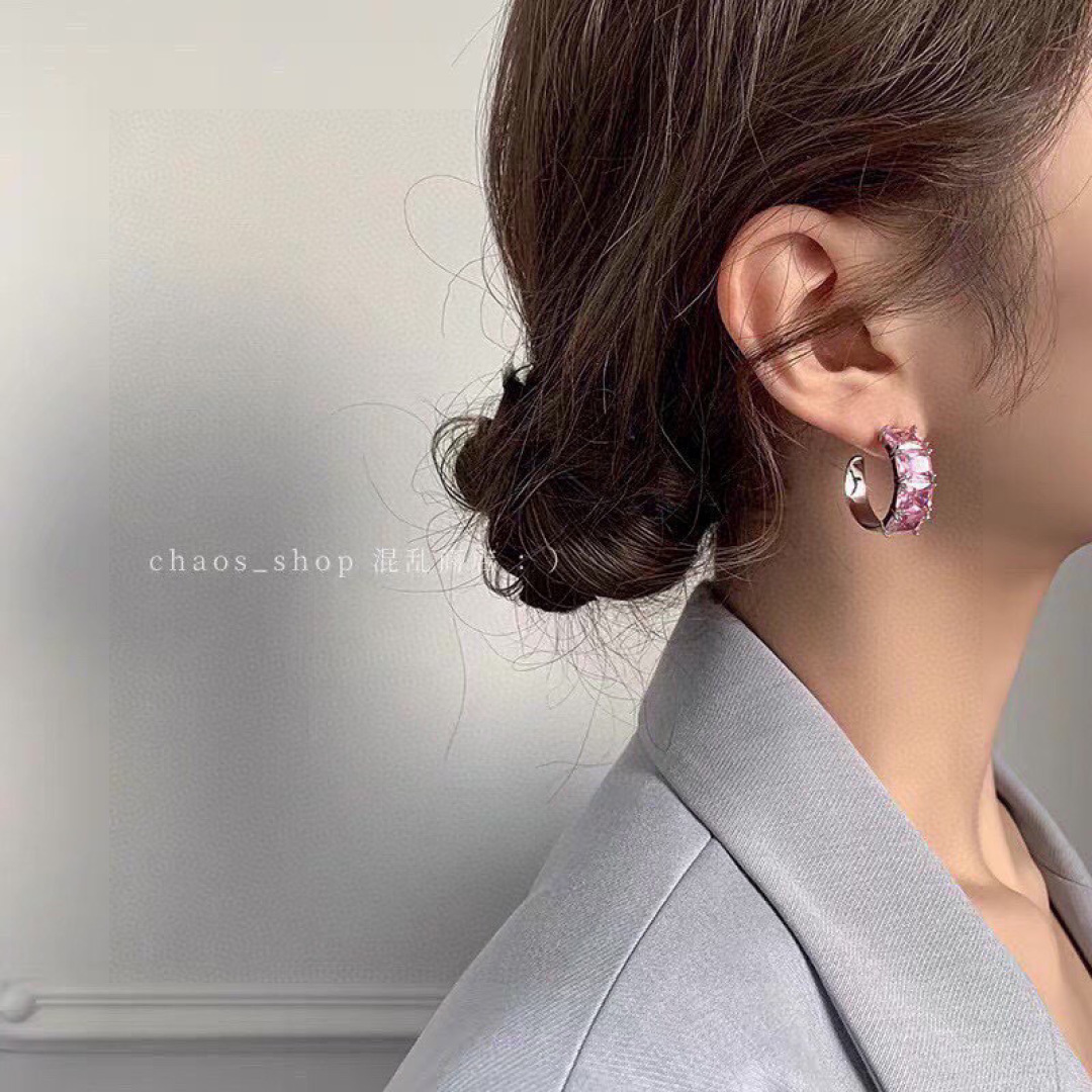 Celine Crystal Hoop Earrings earrings silver-toned metal with pink rectangular-cut crystals 20mm outer diameter