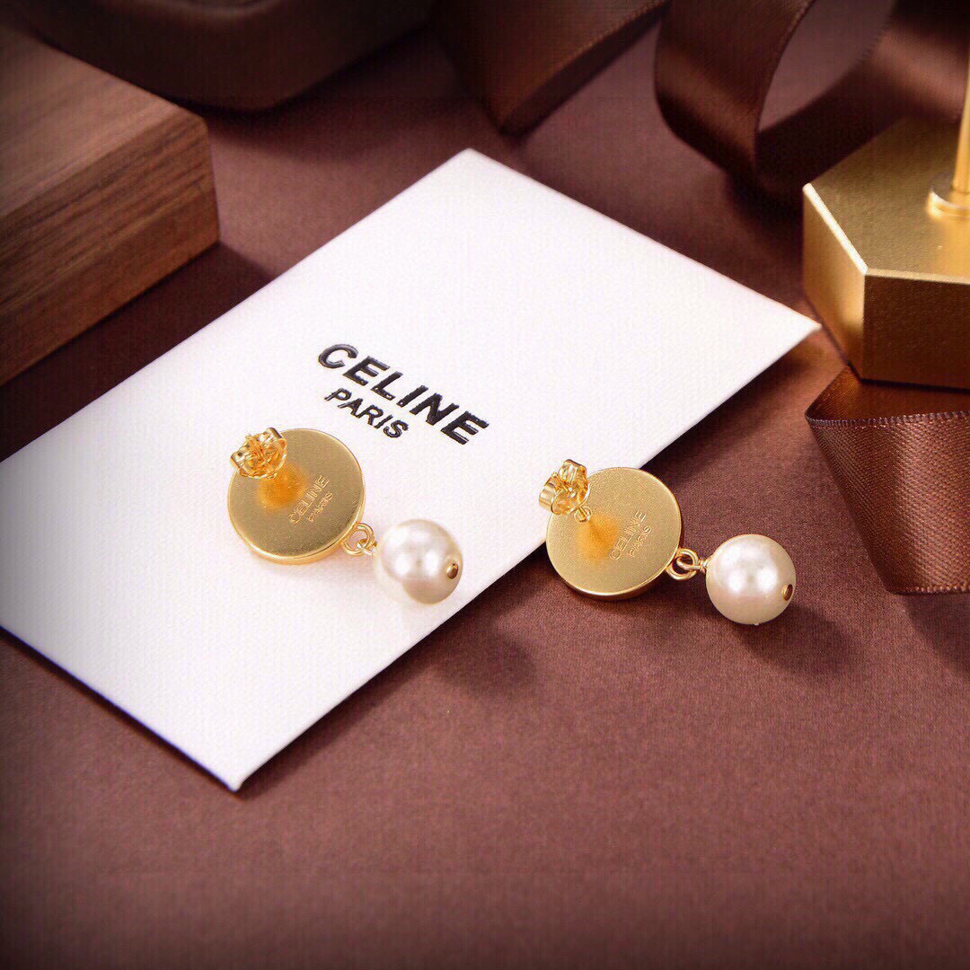 Celine Paris Logo Pearl Drop earrings gold-tone metal with white pearls 2cm drop length
