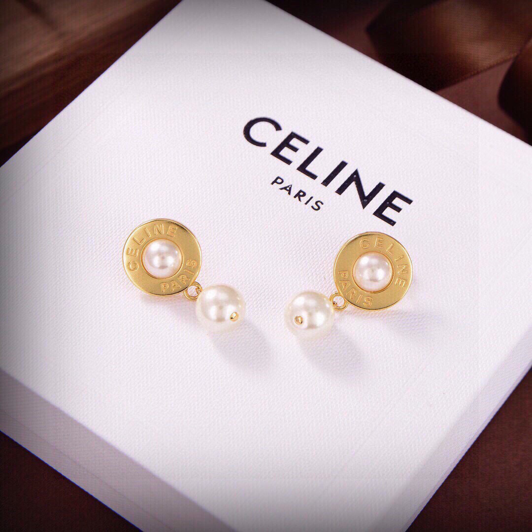 Celine Paris Logo Pearl Drop earrings gold-tone metal with white pearls 2cm drop length