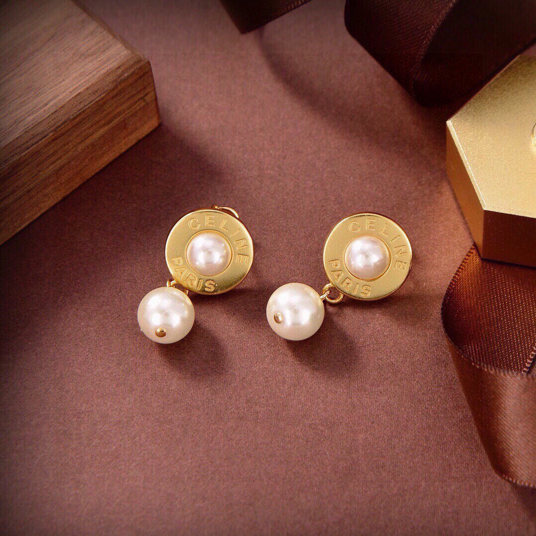 Celine Paris Logo Pearl Drop earrings gold-tone metal with white pearls 2cm drop length