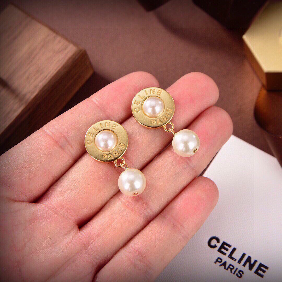 Celine Paris Logo Pearl Drop earrings gold-tone metal with white pearls 2cm drop length