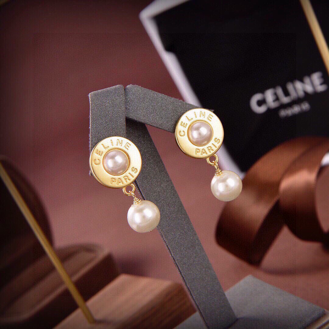 Celine Paris Logo Pearl Drop earrings gold-tone metal with white pearls 2cm drop length