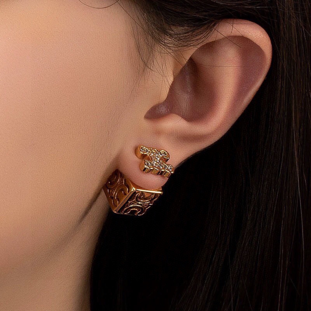 Celine PRECIOUS Triomphe Cube Stud Earrings earrings 18k gold-tone metal with clear pave crystals silver-tone metal with clear pave crystals 10mm