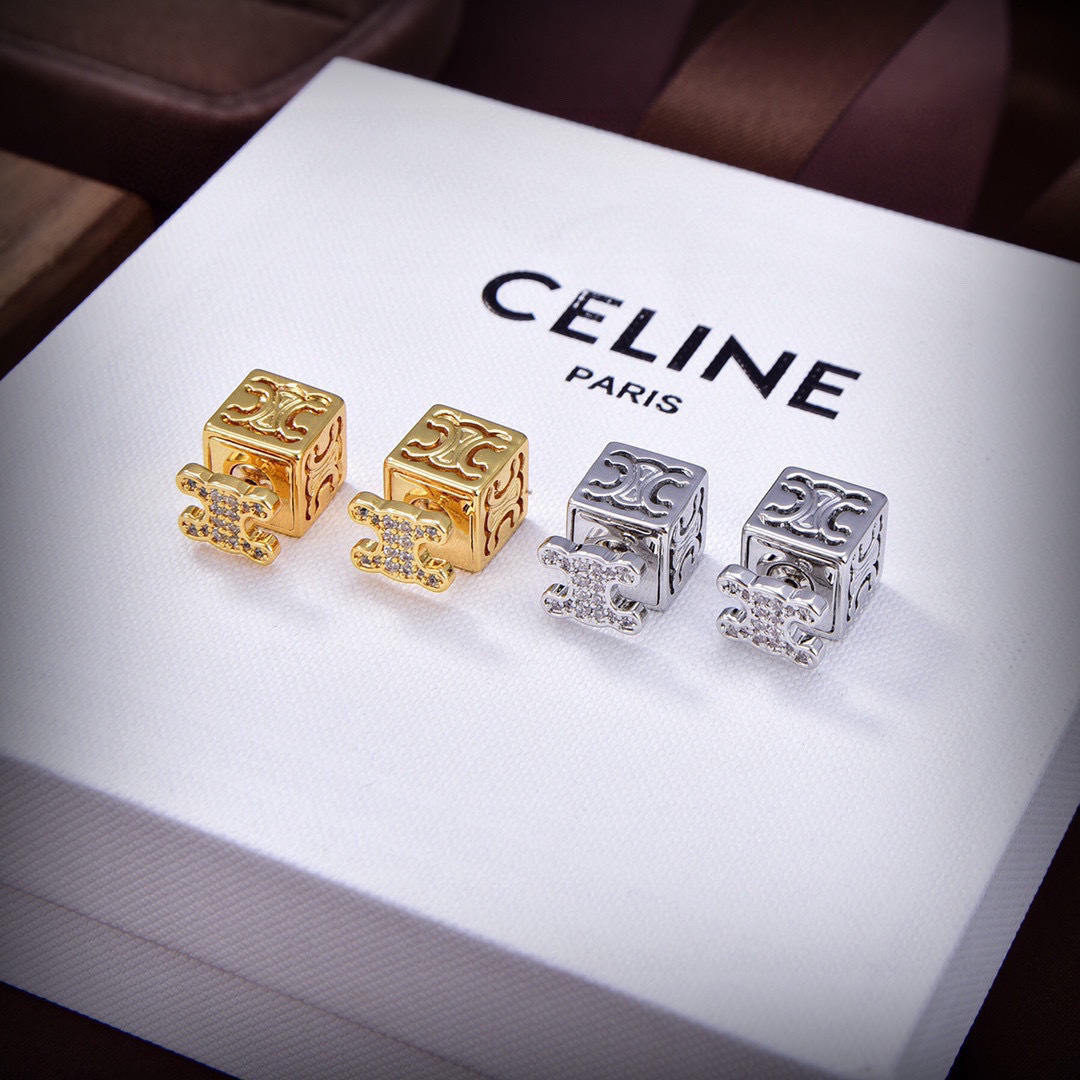 Celine PRECIOUS Triomphe Cube Stud Earrings earrings 18k gold-tone metal with clear pave crystals silver-tone metal with clear pave crystals 10mm