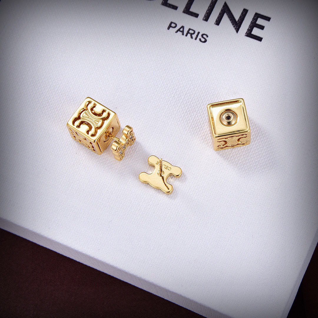 Celine PRECIOUS Triomphe Cube Stud Earrings earrings 18k gold-tone metal with clear pave crystals silver-tone metal with clear pave crystals 10mm