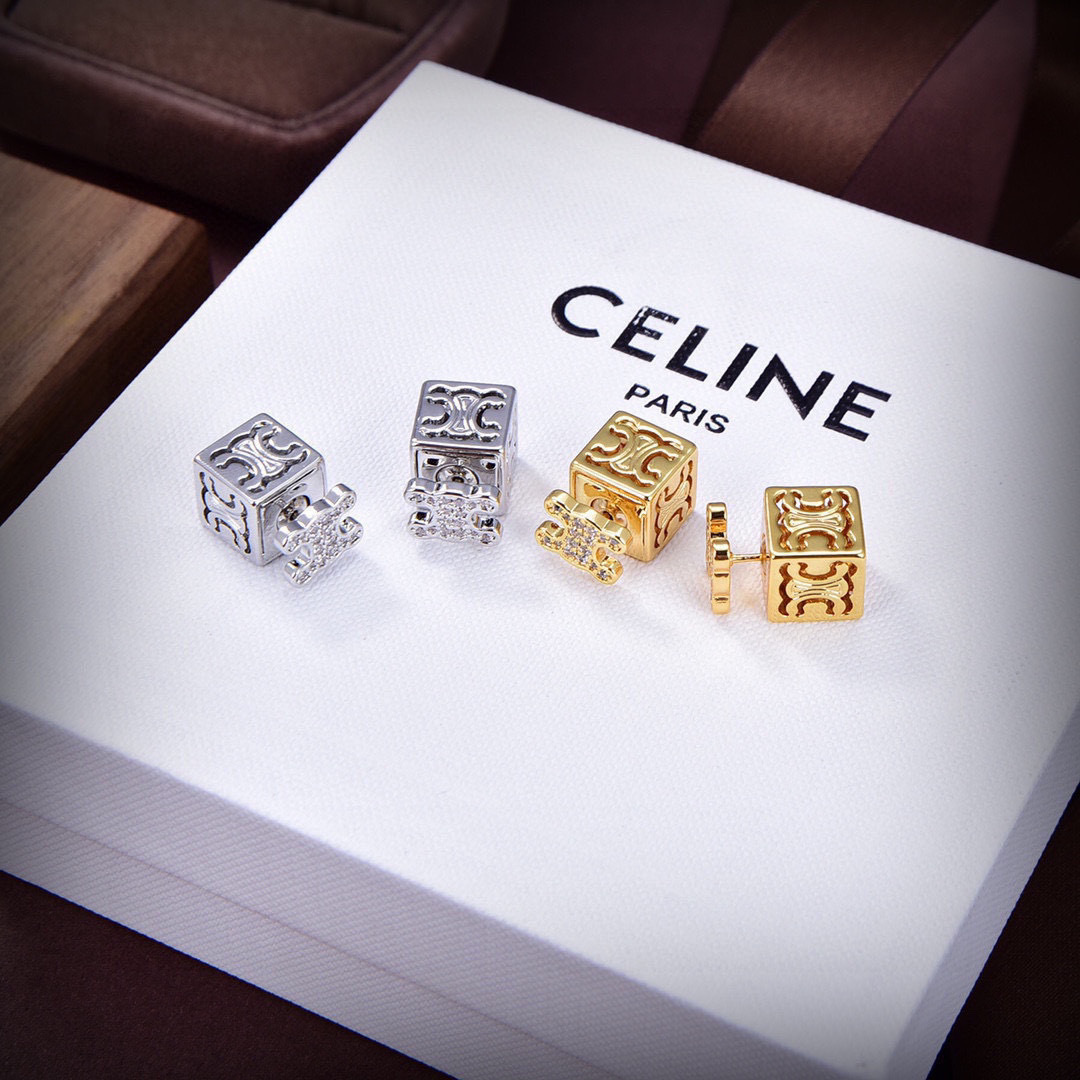 Celine PRECIOUS Triomphe Cube Stud Earrings earrings 18k gold-tone metal with clear pave crystals silver-tone metal with clear pave crystals 10mm