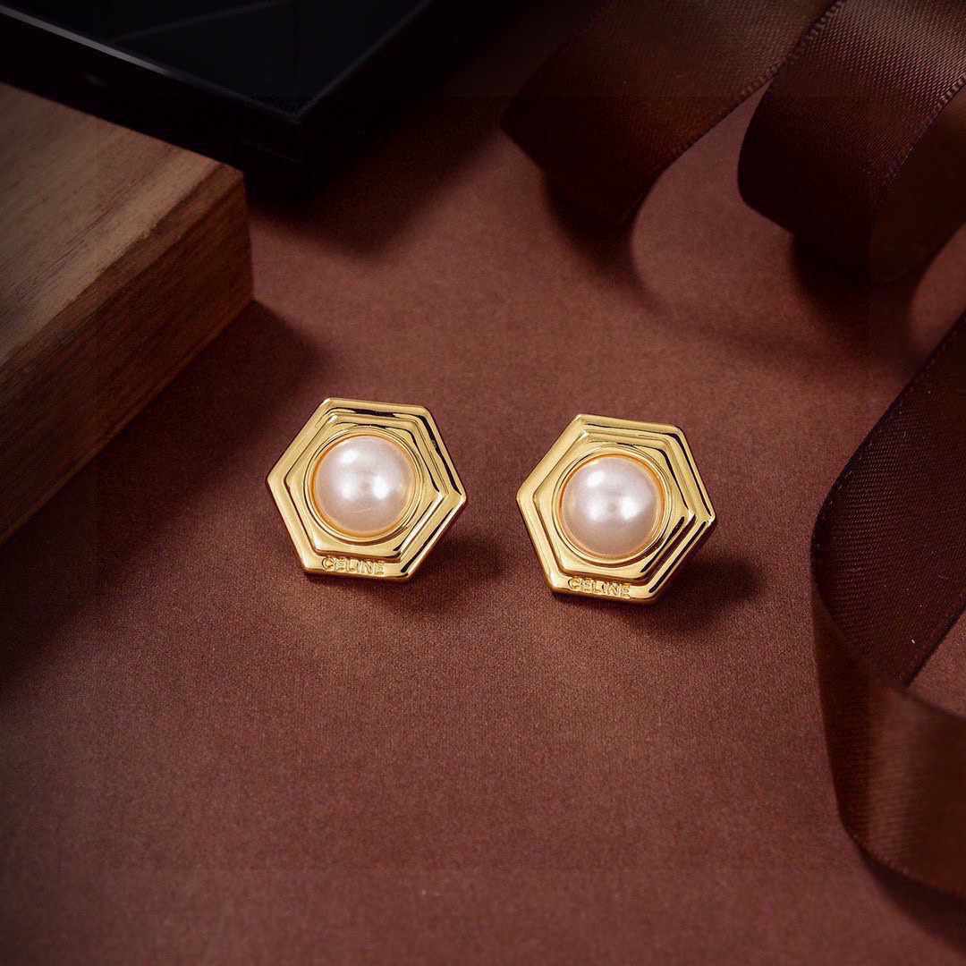 Celine Hexagon Pearl Stud Earrings earrings gold-tone metal with white pearl 2cm diameter