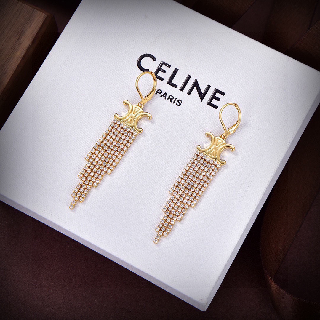 Celine Triomphe Fringe earrings 18k gold-tone metal with clear crystal rhinestones also available in silver-tone metal with clear crystal rhinestones 7cm drop length