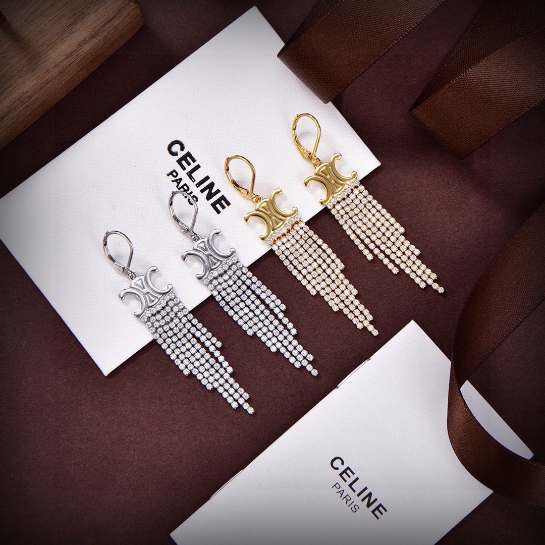 Celine Triomphe Fringe earrings 18k gold-tone metal with clear crystal rhinestones also available in silver-tone metal with clear crystal rhinestones 7cm drop length