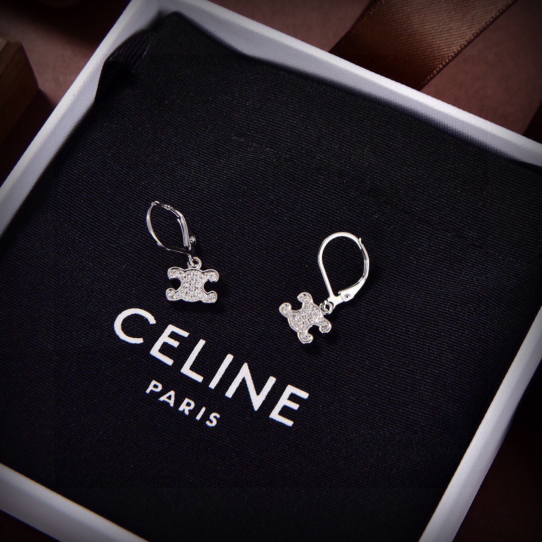 Celine Triomphe Rhinestone earrings Rhodium silver-toned brass with clear crystal rhinestones One Size