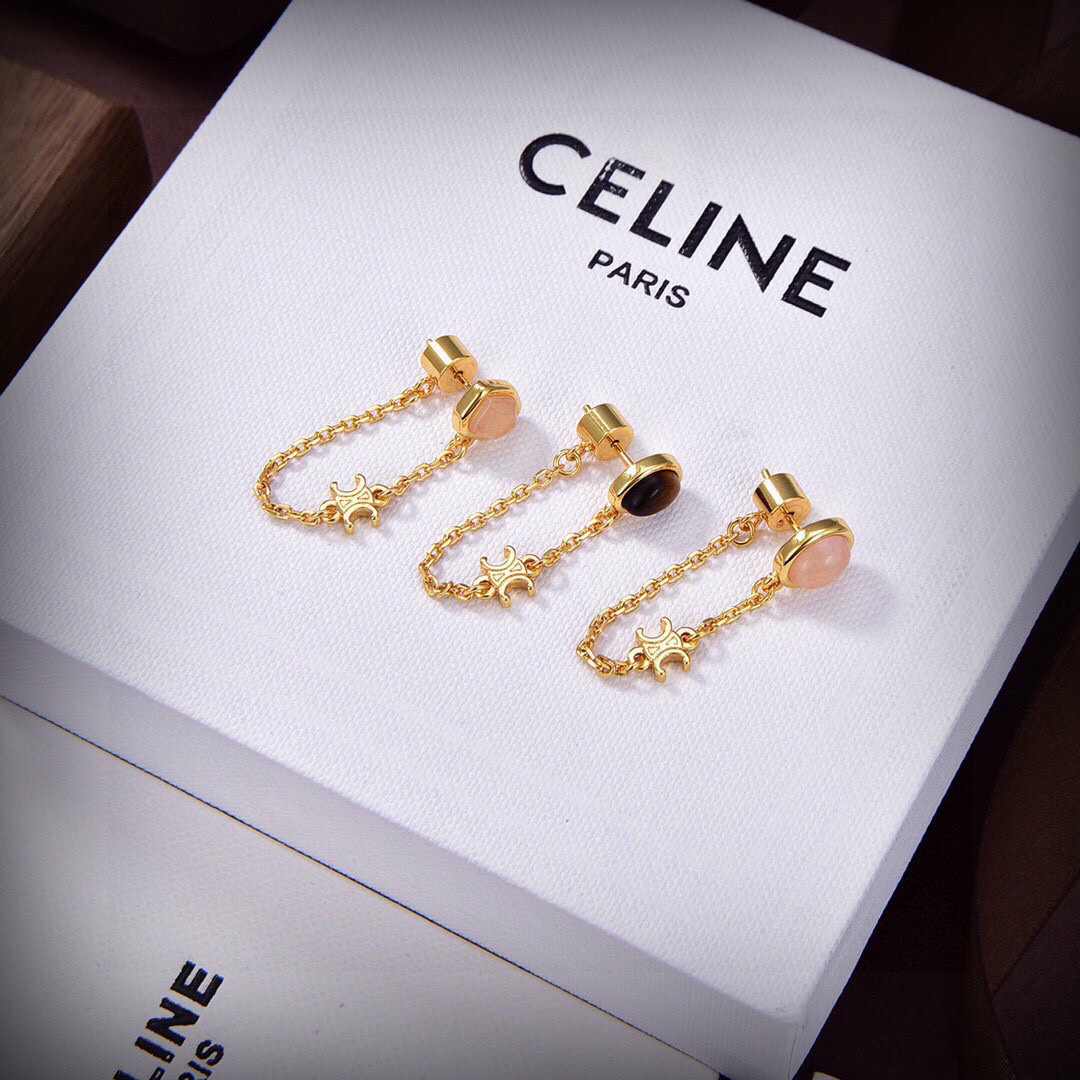 Celine TRIOMPHE INDIE necklace gold brass with pink quartz 46cm adjustable to 44cm 42cm