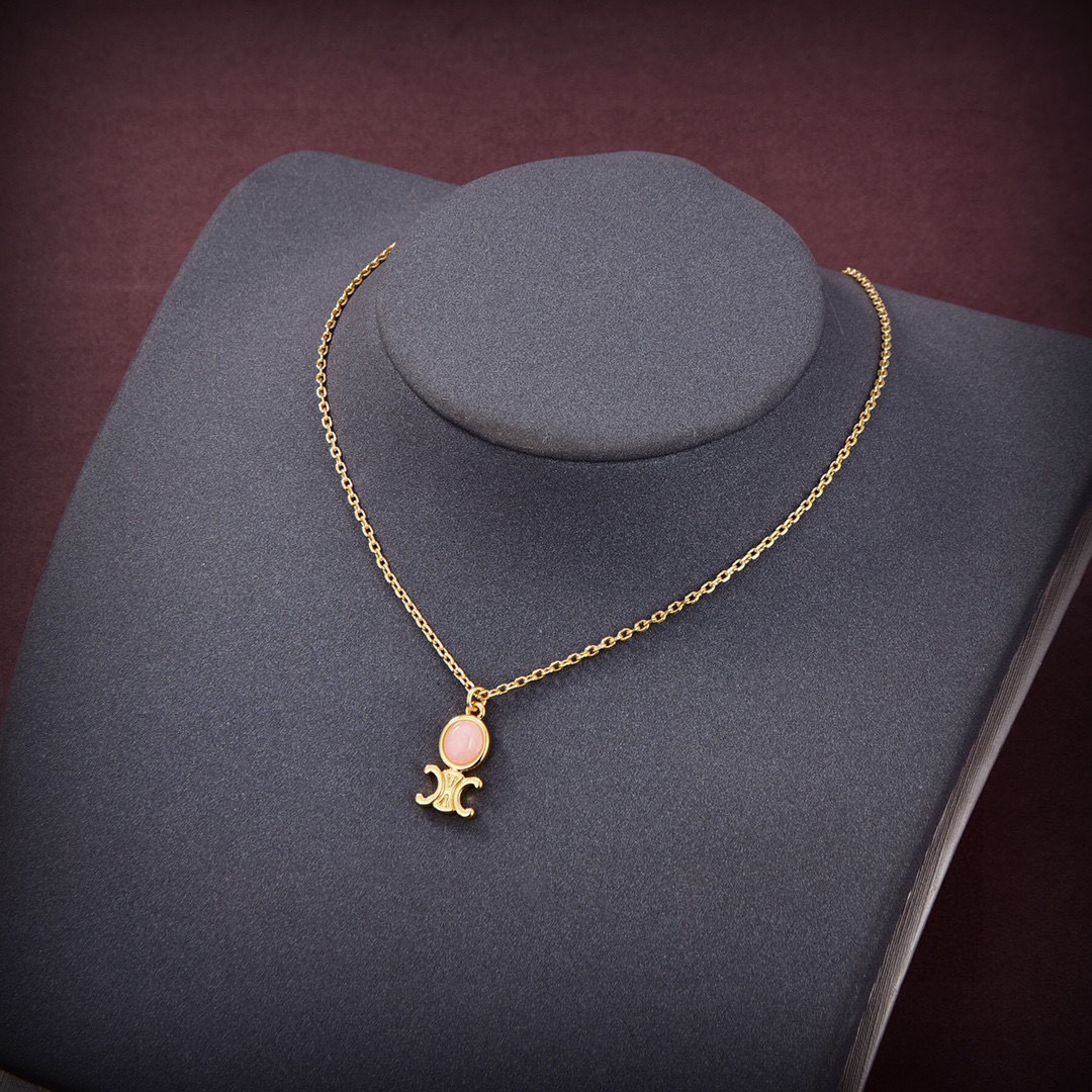 Celine TRIOMPHE INDIE necklace gold brass with pink quartz 46cm adjustable to 44cm 42cm