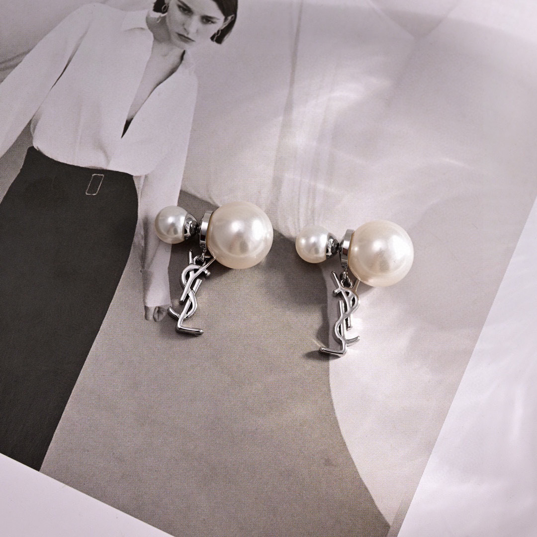 Saint Laurent Cassandre YSL Logo Double Pearl Drop Earrings earrings Silver-tone metal with white imitation pearls One Size standard post earring drop length approx 2 5cm