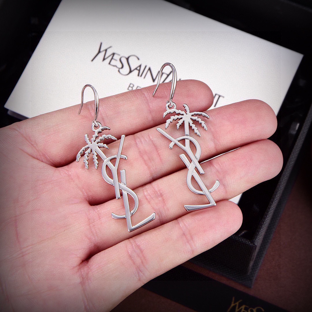 Saint Laurent Cassandre Palm Tree Monogram Drop Earrings earrings silver-toned metal no accent stones 4cm drop length