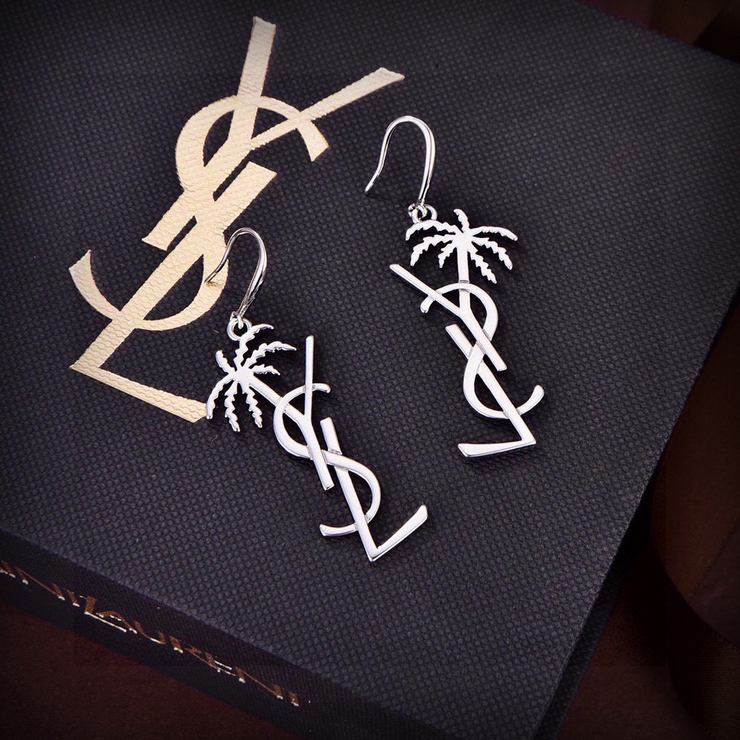Saint Laurent Cassandre Palm Tree Monogram Drop Earrings earrings silver-toned metal no accent stones 4cm drop length