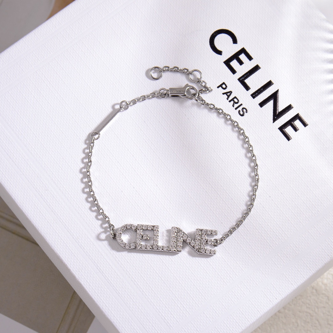 Celine Logo Crystal Bracelet bracelet Gold-tone metal with clear crystal accents Silver-tone metal with clear crystal accents 16cm with 3cm extender