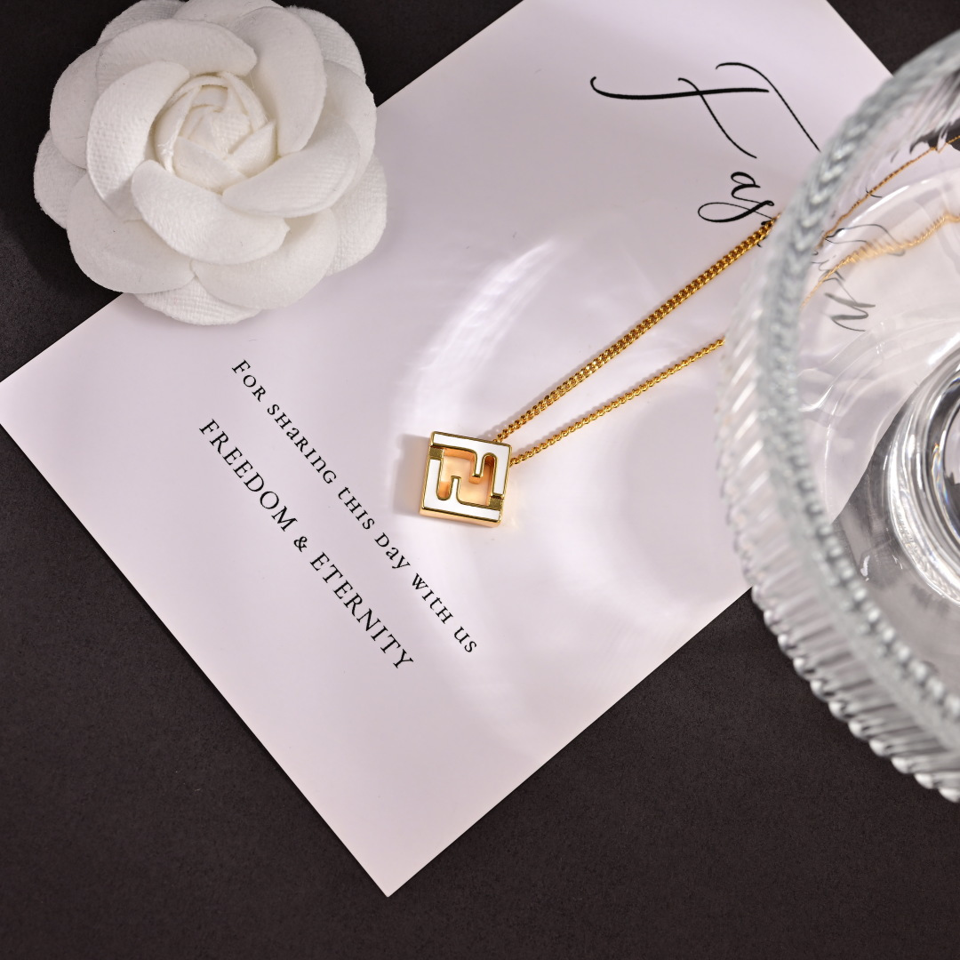 Fendi FF Logo Pendant necklace Gold-tone metal with black enamel inlay 45cm with 5cm extender