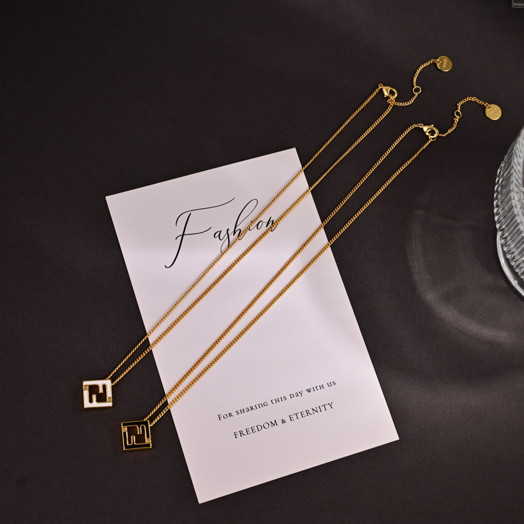 Fendi FF Logo Pendant necklace Gold-tone metal with black enamel inlay 45cm with 5cm extender