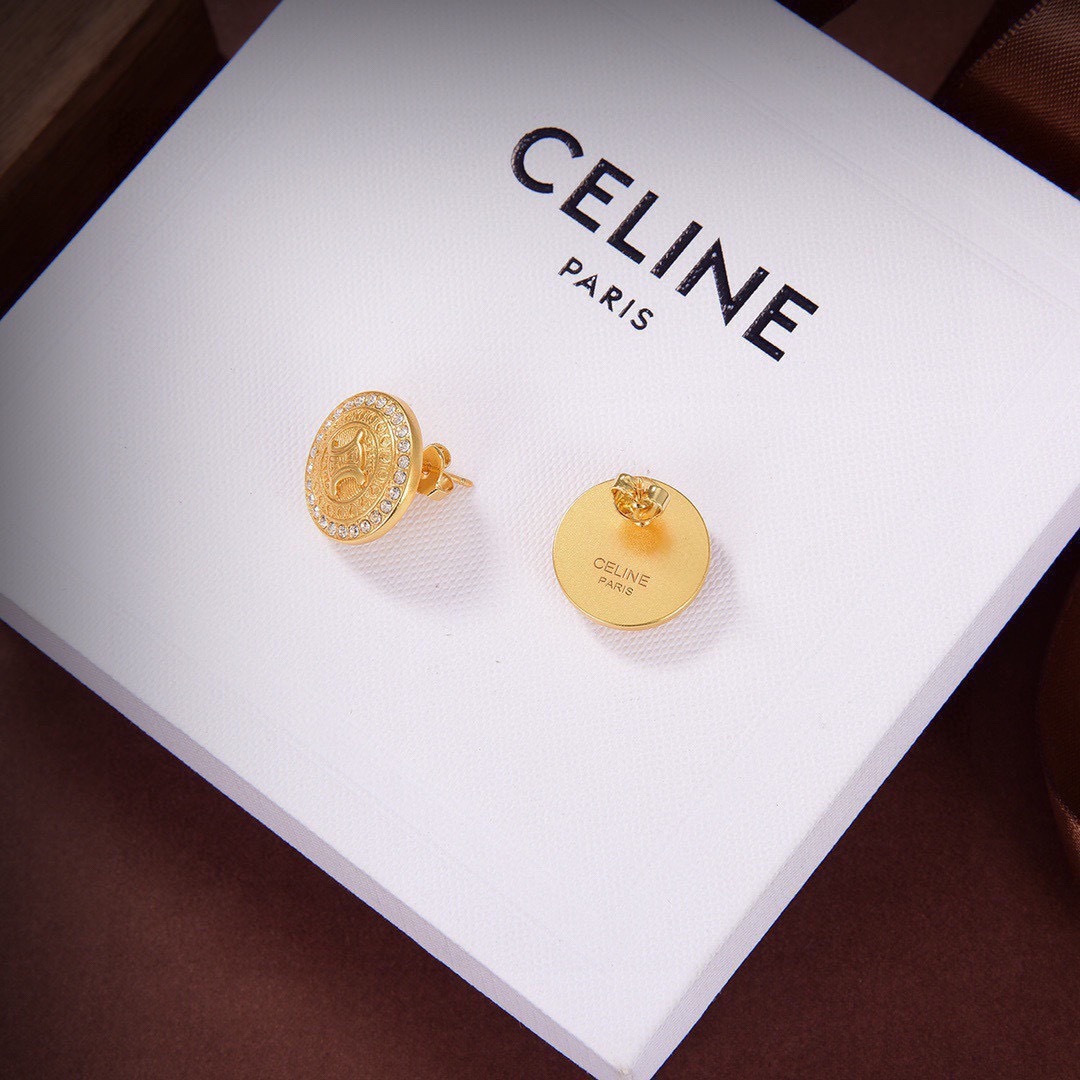 Celine Triomphe Coin Crystal Stud Earrings earrings gold-tone metal with clear crystal accents 1 5cm diameter