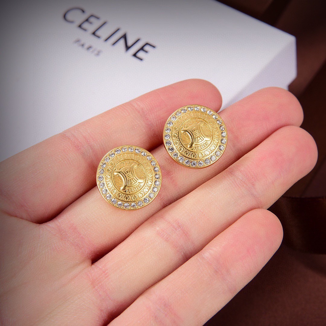 Celine Triomphe Coin Crystal Stud Earrings earrings gold-tone metal with clear crystal accents 1 5cm diameter