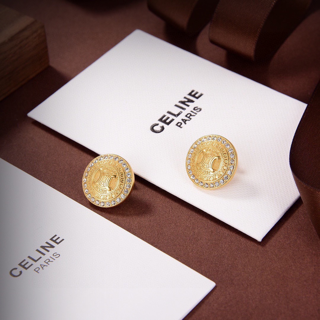 Celine Triomphe Coin Crystal Stud Earrings earrings gold-tone metal with clear crystal accents 1 5cm diameter